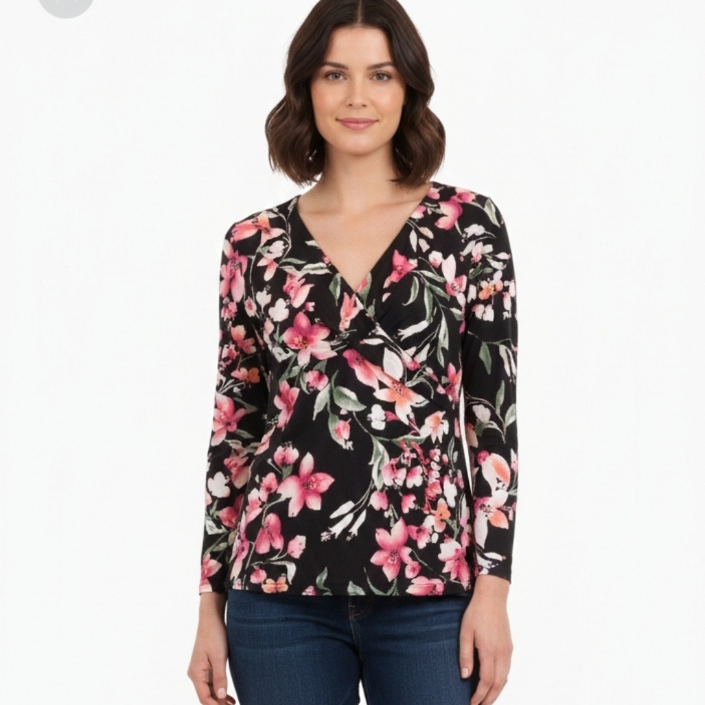 Investments Floral V-Neck Blouse - Black and Pink